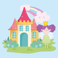 Obraz na płótnie Canvas little fairy princess with wings castle rainbow clouds garden tale cartoon