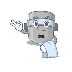 A cartoon picture of welding mask waiter with a white napkin