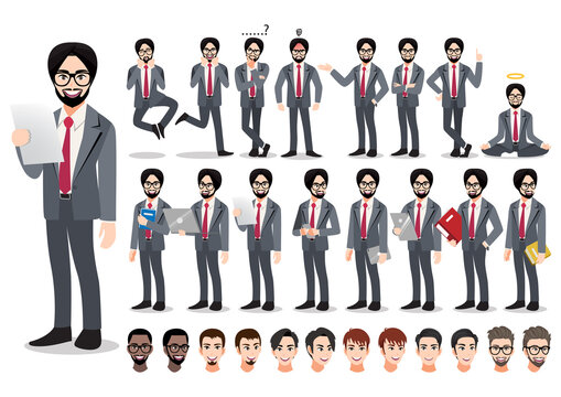 Indian businessman cartoon character set. Handsome business man in office style smart suit . Vector illustration