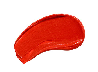 Lipstick stroke swatch isolated on white background. Red makeup cream smear smudge closeup