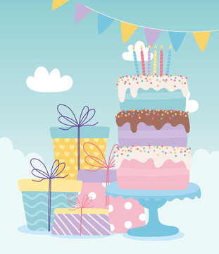 happy birthday, cake with candles and gift boxes celebration decoration cartoon