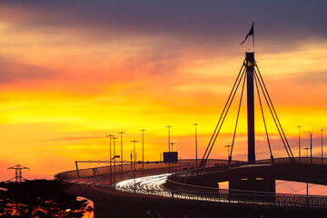 West Gate Bridge multi-lane highway in Melbourne city during rush hour with traffic congestion and...