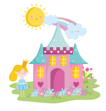 little fairy princess with castle crown flowers rainbow tale cartoon