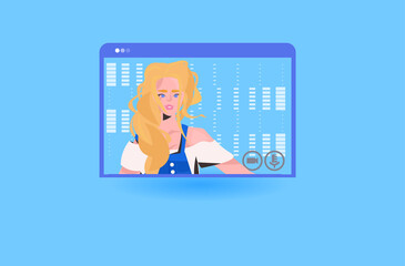Naklejka na ściany i meble businesswoman having online briefing or virtual conference during video call remote work quarantine isolation concept business woman in web browser window portrait vector illustration