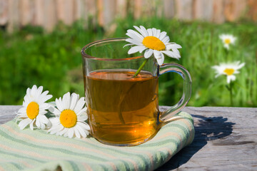 Soothing, healing tea made from wild meadow plants, chamomile flowers in a glass glass on a wooden table. Close-up on a background of summer greenery, rustic style
