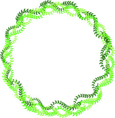 Circular frame formed by green twigs with different shades. Ecological symbol. Nature motif.