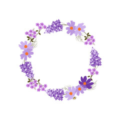 Delicate lilac flowers and dragonfly, wreath with place for your text on a white background.
