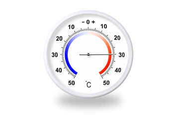 Outdoor thermometer on white background. Ambient temperature plus 30 degrees celsius