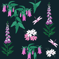Field pink bells, digitalis and dragonflies on a dark, seamless background. Vector illustration. © Nadezhda