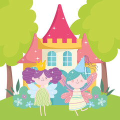 Obraz na płótnie Canvas little fairies princess with wings crown castle tale cartoon