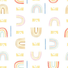 Watercolor childish cute seamless pattern with warm color rainbow. Neutral cute kids background for  baby shower, baby nursery decor, the textile fabric, wrapping paper, wallpaper decor