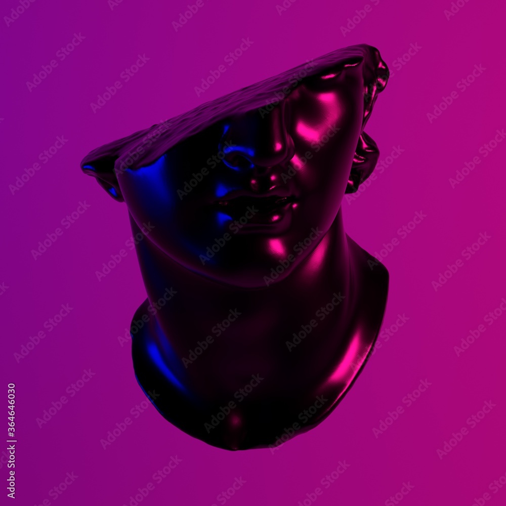 Poster 3d rendering of fragmentary colossal head of a youth sculpture in acid neon luminescent blue and pin