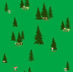 mushrooms under fir trees isolated on green background