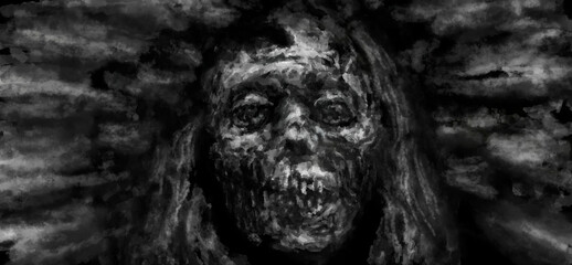 The face of a mummy with a broken skull. Illustration in horror genre with coal and noise effect. Black and white background colors.