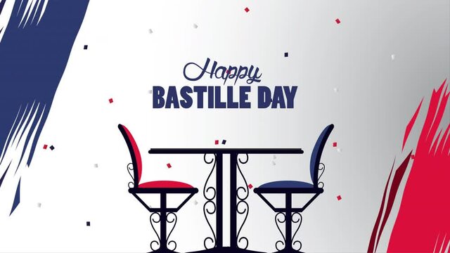 happy bastille day celebration with france flag and restaurant table