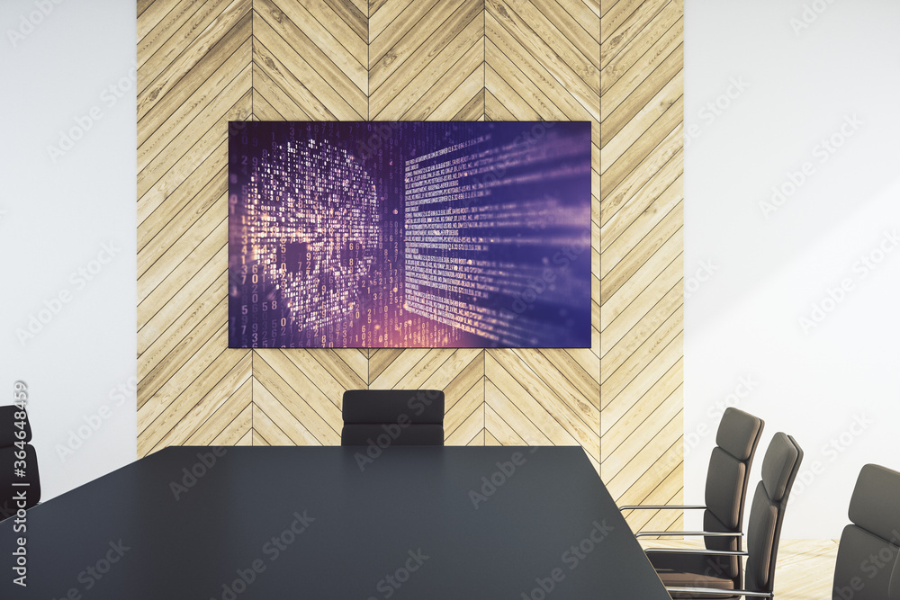 Poster creative code skull hologram on tv display in a modern presentation room, cybercrime and hacking con