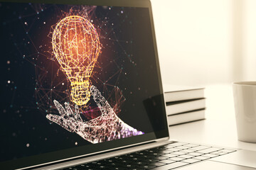 Obraz na płótnie Canvas Creative light bulb illustration on modern computer monitor, future technology concept. 3D Rendering
