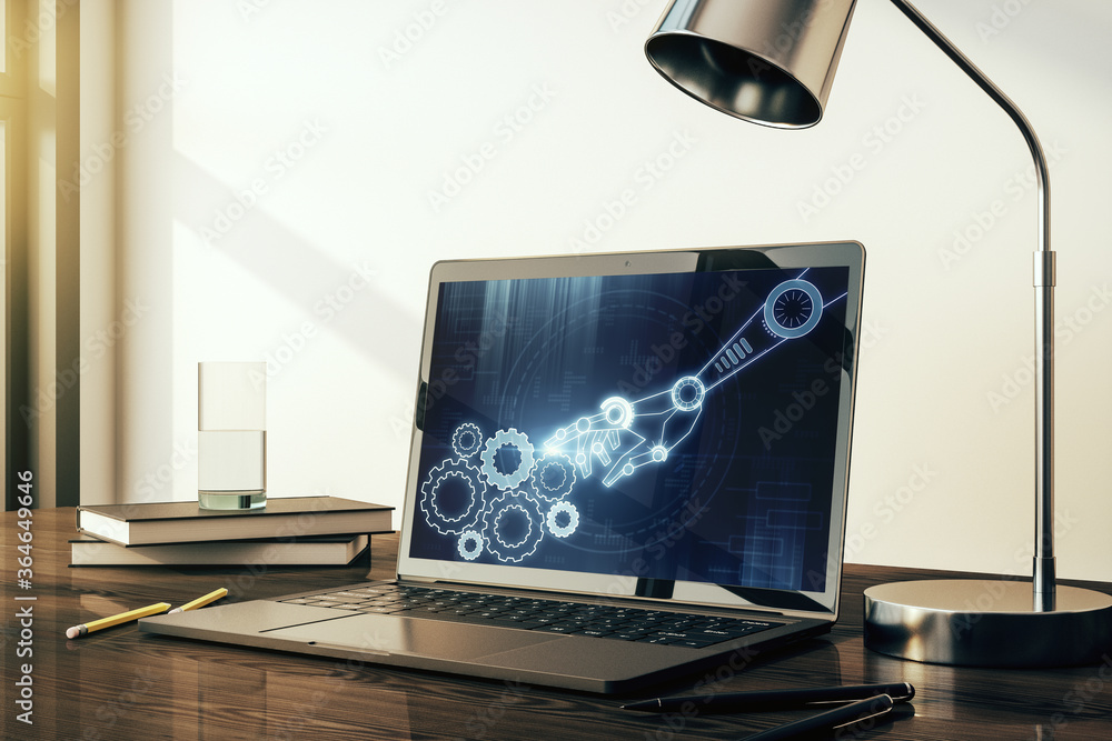 Poster creative concept of robotics technology on modern laptop screen. robot development and automation co