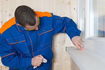 the window installer seals up the cracks with white silicone, smearing them clean with a cloth