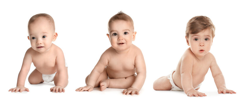 Collage with photos of cute babies crawling on white background. Banner design