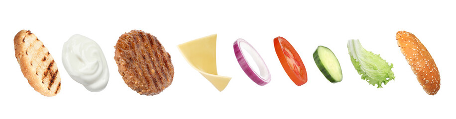 Set of ingredients for delicious burger on white background. Banner design