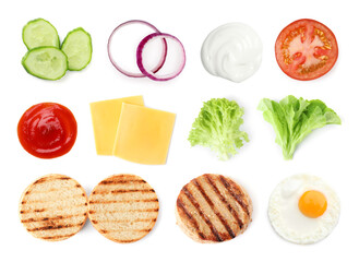 Set of ingredients for delicious burger on white background, top view