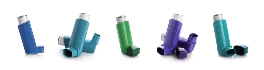 Set with portable asthma inhalers on white background. Banner design