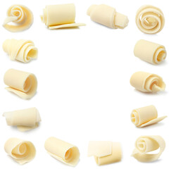 Frame made of yummy chocolate curls on white background, space for text