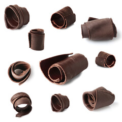 Set with yummy chocolate curls on white background
