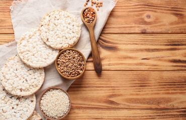 Rice crispbreads on wooden background