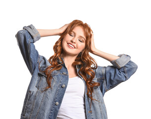 Beautiful young redhead woman on white background