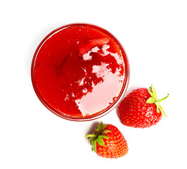 Bowl of tasty strawberry jam on white background