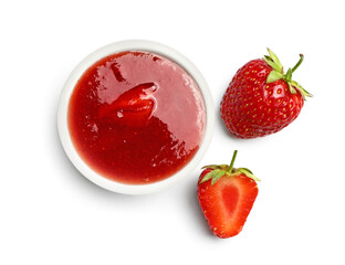 Bowl of tasty strawberry jam on white background
