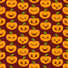 Orange pumpkin emoji icons pattern. Halloween pumpkin smiley seamless background. Seamless pattern vector illustration