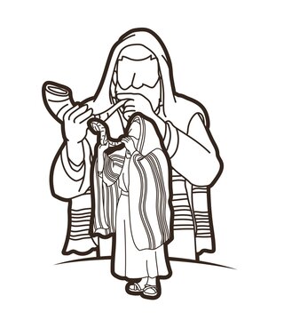 men blowing shofar, religious ceremony clip art preview