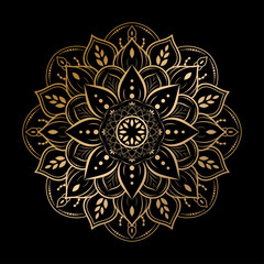 luxury round mandala design with gold color, Vector mandala floral patterns with black background, Hand drawn decorative element. Unique design with petal flower. Concept relax and meditation use for 