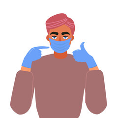 Young man with a medical mask and gloves raised her finger up.Concept of the precautionary measures.Protection against influenza,coronavirus bacteria.Pandemic prevention.Isolated vector illustration
