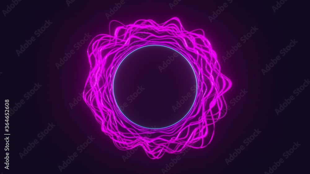 Poster Neon blue and purple pulsating circles abstract background. Glowing neon lines fluorescent ultraviolet tunnel. Modern ultraviolet colorful light. 4K seamless loop 3D animation.