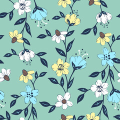 Seamless repeated surface vector pattern design with yellow, blue and white flowers and dark blue leaves on a green background