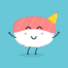 Cute flat cartoon salmon sushi holding a sign illustration. Vector illustration of cute sushi with a smiling expression. Cute sushi with a sign mascot design