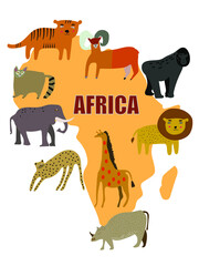Map of Africa. Africa animals. Safari collection with giraffe,rhino, tiger, lion, gorilla, lemur, elephant, goat, cheetah. Transparent background. Flat design. Vector 