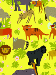 Africa animals. Safari collection with giraffe,rhino, tiger, lion, gorilla, lemur, elephant, goat, cheetah. Yellow background. Seamless pattern. Flat design. Vector 