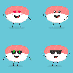 Cute flat cartoon salmon sushi holding a sign illustration. Vector illustration of cute sushi with a smiling expression. Cute sushi with a sign mascot design