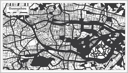 Guangzhou China City Map in Black and White Color in Retro Style. Outline Map.