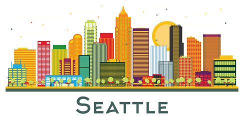 Naklejka premium Seattle Washington City Skyline with Color Buildings Isolated on White.