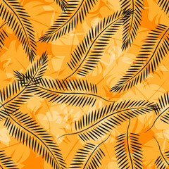 Tropical leaf pattern. Seamless texture with leaves of palm trees. Banner for the travel and tourism industry, summer season. Yellow floral design element, print for fabrics.