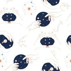 Seamless pattern with Astrology and Space concept. Planet and human hand. Minimalistic objects made in the style of one line. Editable vector illustration.