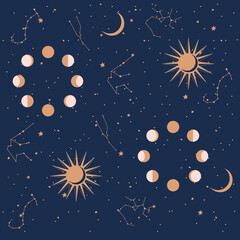 Obraz na płótnie Canvas Seamless pattern with Astrology and Space concept. Minimalistic objects made in the style of one line. Editable vector illustration.