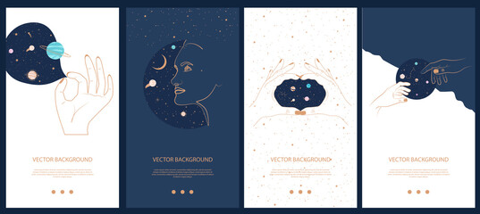 Collection of space and mysterious illustrations for stories templates, Mobile App, Landing page, Web design in hand drawn style. Magic, occultism and astrology concept. 