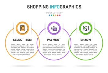 Fototapeta premium Concept of shopping process with 3 successive steps. Three colorful graphic elements. Timeline design for brochure, presentation, web site. Infographic design layout.